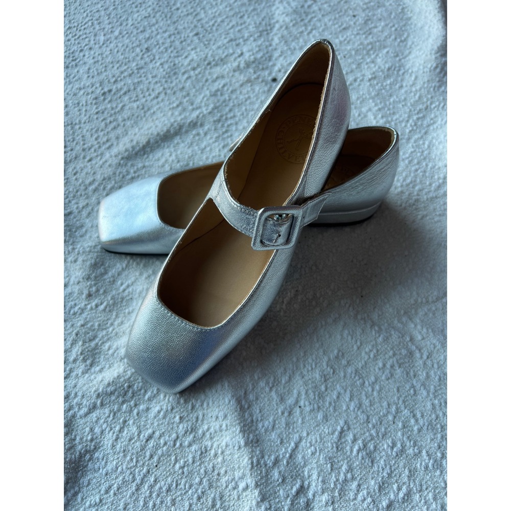 Penelope Chilvers Silver Metallic Leather Square Toe Mary Jane Flats Spain 36